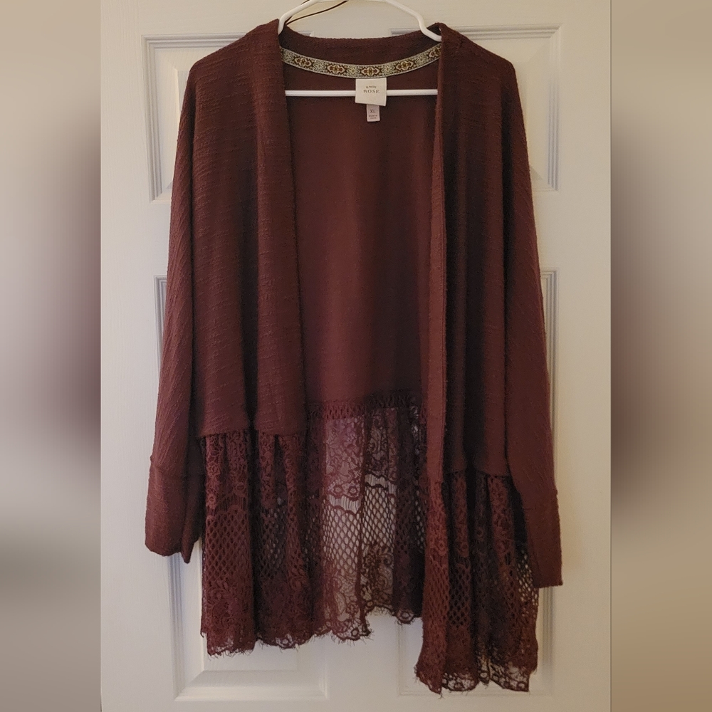 Knox rose Burgundy cardigan with lace bottom. Size XL like new.